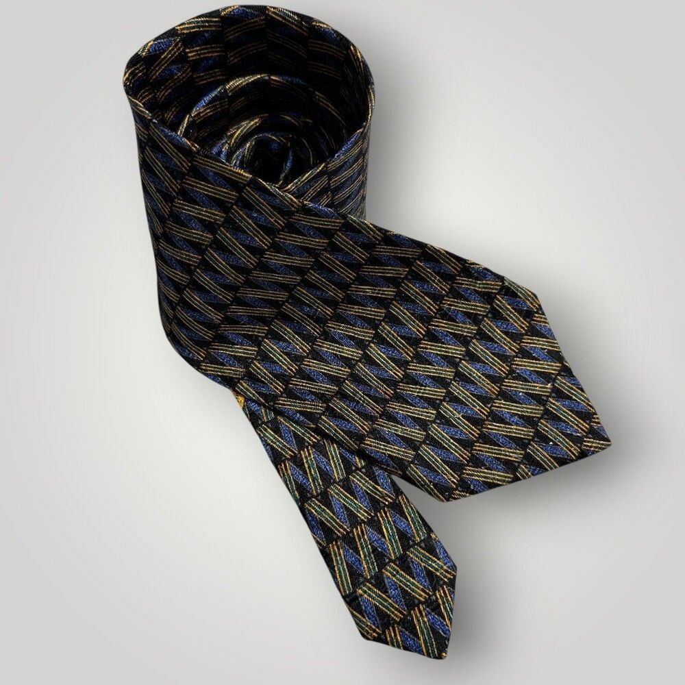 ERMENEGILDO ZEGNA Silk Tie Geometric  100% Silk Necktie Blue/Black Made in Italy